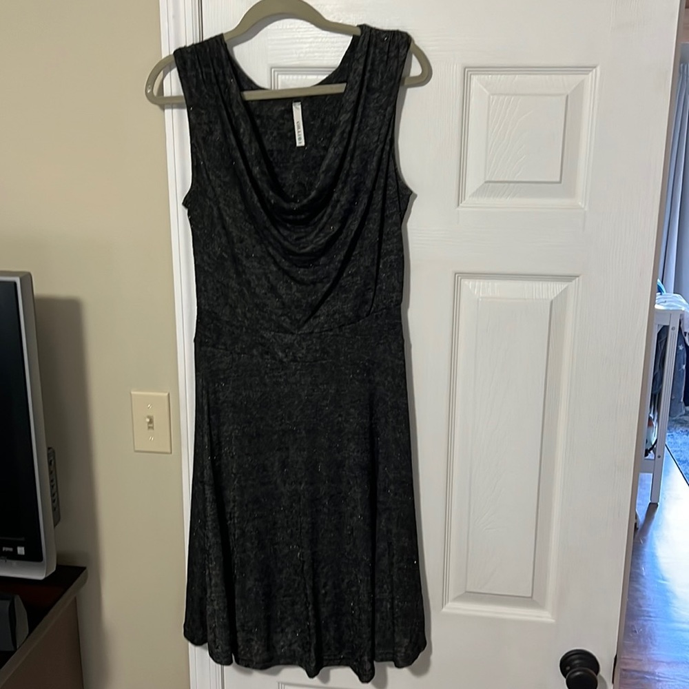 Dark grey dress with gold accents.
